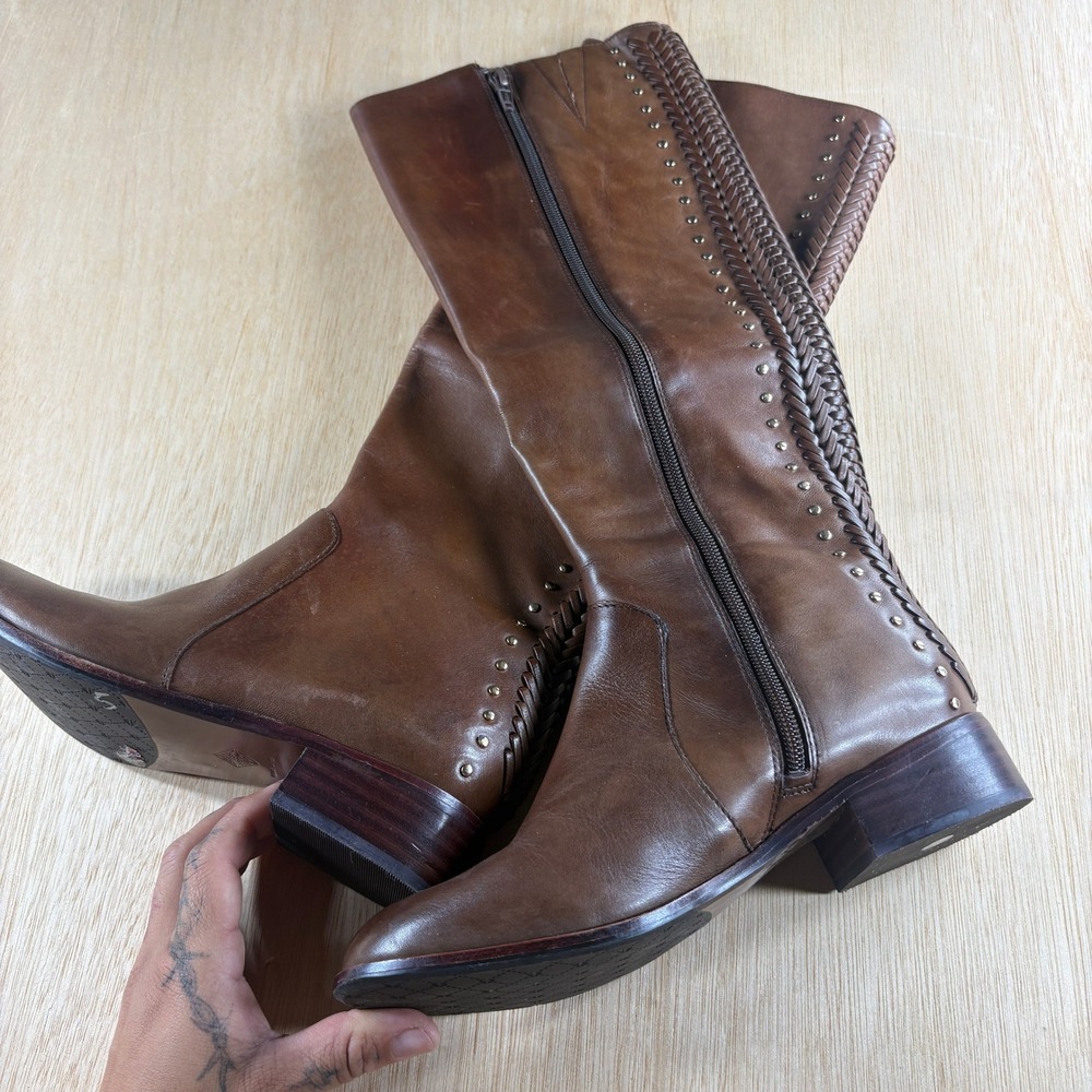 Antonio Melani Womens Brown Leather Tall Riding Boots Braided Studded Size 5.5M